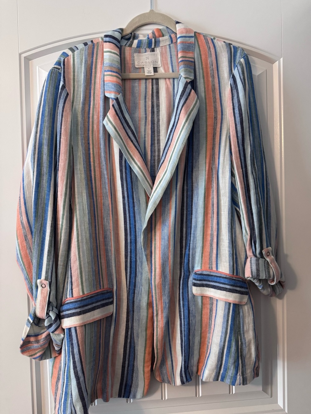 Striped Linen-Blend Blazer Jacket — Multi-Color